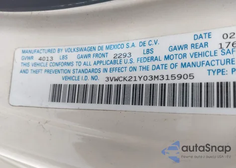 2003 Volkswagen New Beetle Gls z USA, uszkodzony, nr VIN 3VWCK21Y03M315905